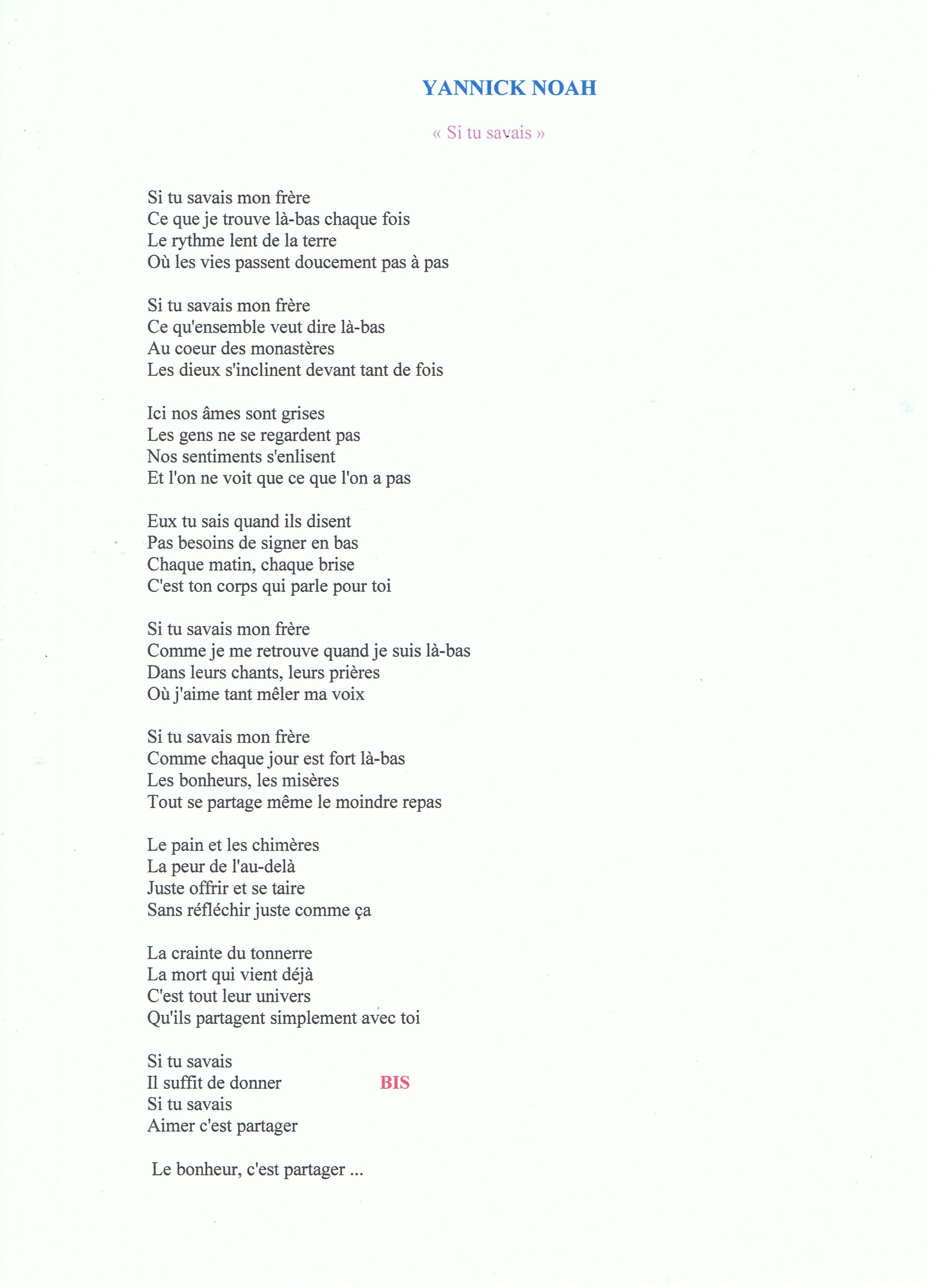 Parole De La Chanson parole de chanson
